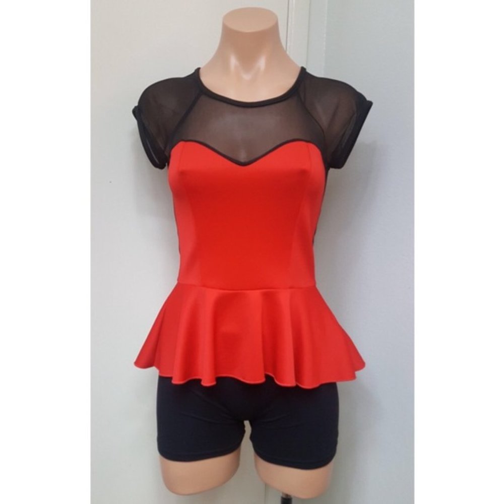 Short Sleeve Sheer Back Peplum Top | Women's Size S